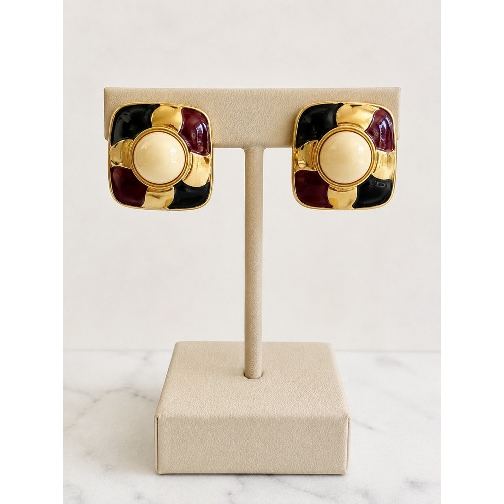Vintage 80s Gold Tone Enamel Square Clip On Earrings Burgundy Green Cream